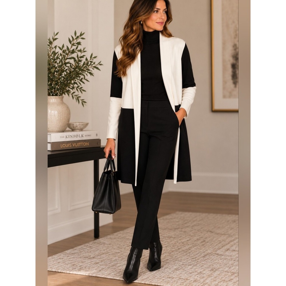 Vila Milano Black White Colorblock Long Cardigan Open Front Size S